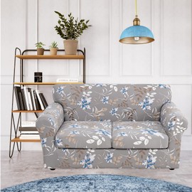 FUANGUI 3 Piece Stretch Sofa Couch Covers for 2 Cushion, Printed Sofa Loveseat Slipcover with 2 Separate Cushion Cover, Floral Washable Sofa Slip Covers Furniture Protector (Loveseat, Grey Flower)