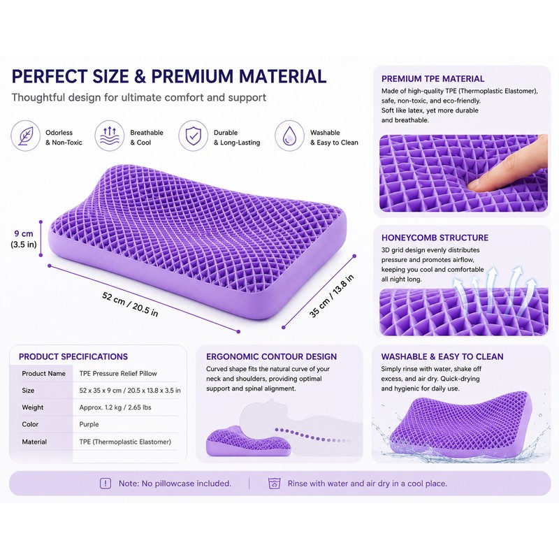 Purple Memory Foam Contour Pillow with Breathable Air Layer, Water