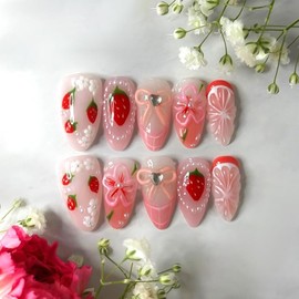 Mkwntg 24Pcs Pink Summer Press on Nails Medium Almond False Nails with 3D Flower Design Strawberry Fake Nails Rhinestones Pink Bow Lemon Stick on Nails French Tip Pearl Glue on Nail for Women Decor