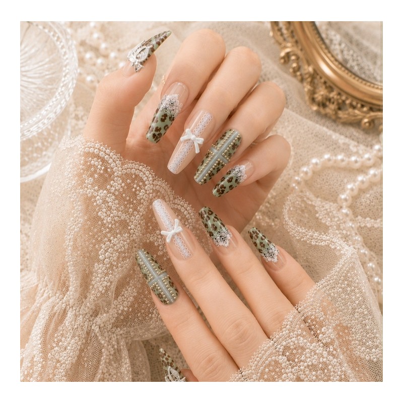 Mint Choco Gyaru Leopard Handmade Nail Tips - Oval L