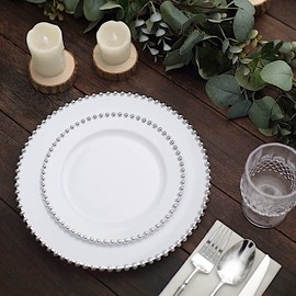 Balsa Circle 10 Round 8 in White Silver Disposable Plastic Salad Plates Beaded Trim Party Events Reception Catering Tableware Decorations Supplies