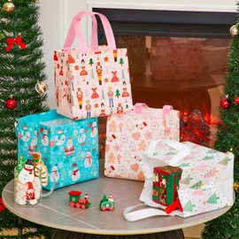 Hillban 60 Pcs Christmas Tote Bags 8 x 8 x 6 Inch Christmas Non Woven Gift Bags Reusable Christmas Bags with Handles Xmas Treat Bags Xmas Goodie Bags Christmas Candy Gift Wrapping Bags for Party Favor