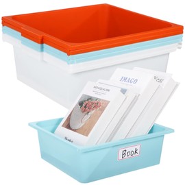 6 Pcs Large Plastic Storage Bins, 11.8 in Classroom Bins, Stackable Cubby Basket Organizer with 36 Labels, Home Storage Baskets for Toys, Books and Sundries, 3 Colors, 2 Pcs for Each Color