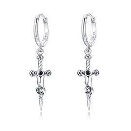Sword Hoop Earrings 925 Sterling Silver Sword Rose Flower Dagger Dangle Drop Earrings Huggie Hoop Halloween Gothic Punk Jewelry Gifts for Women Men