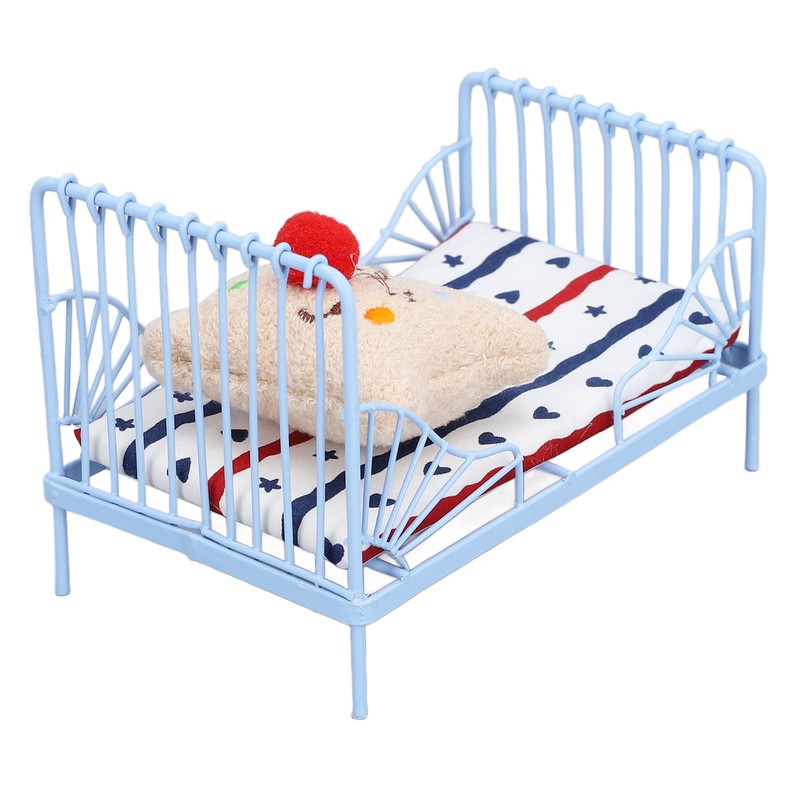 1:12 Miniature Bed Metal Structure Cute Pattern Sponge Cloth Mattress