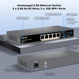 Ztyuav 7 Port Unmanaged 2.5G Ethernet Switch with 5 x 2.5G RJ-45 Base-T Ports, 2 x 10G SFP+, Ports Speed Auto-Negotiation-100/1000/2500Mbps, One-Key VLAN, Desktop/Wall Mount, Fanless & Metal