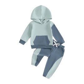 Vioyavo Toddler Baby Boy Clothes Set Fall Winter 2 Pieces Tracksuit Outfit Contrast Color Hooded Sweatshirt Elastic Waist Sweatpants Set (Blue, 6-12 Months)