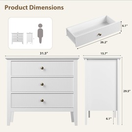 3 Drawer Dresser, Wood Chest of Drawers with Fluted Design, Wide Storage Organizer with Metal Legs and Anti-Tip Kit for Bedroom or Living Room