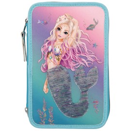 Depesche TOPModel Fantasy 10978 Filled 3-Compartment Pencil Case in Mermaid Design with Sequins, Pencil Case Approx. 7.5 x 13 x 20 cm, with Felt and Coloured Pencils, Ruler, Scissors, Glue, etc.