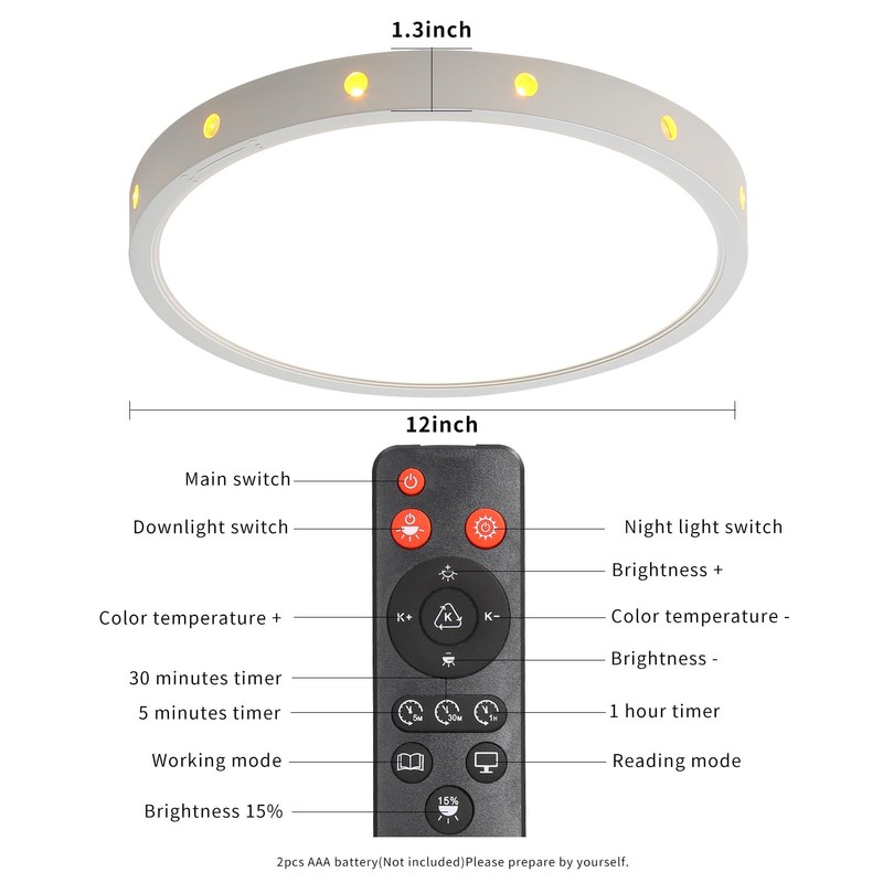 Anmaice 12in 24Watt Flush Mount led Ceiling Light fixtures.Remote Control