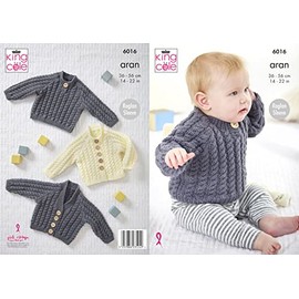 King Cole Baby Aran Knitting Pattern V or Round Neck Cardigan & Sweater (6016)