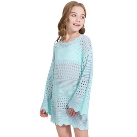 WULFUL Girl's Crochet Long Sleeve Swimwear Cover Up Summer Beach Dress Swimsuit