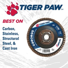 Weiler 51114 4-1/2" Tiger Paw Abrasive Flap Disc, Flat (Ty27), Phenolic Backing, 60Z, 5/8"-11 Unc Nut, Made in the USA (Pack of 10)