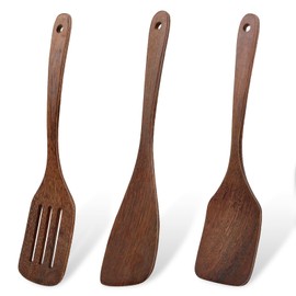 Wooden Spatula, Set of 3 Wooden Kitchen Utensils, Organic, 1 x 32 x 8 cm and 2 x 30.5 x 7.8 cm, Elegant Wooden Kitchen Accessories, Long Handle Wooden Spatula for Use in Family Kitchen and Dining Room