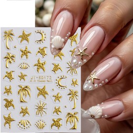2 Sheets 5D Embossed Summer Nail Stickers for Nail Art Summer Flower Nail Art Stickers Self-Adhesive Jellyfish Shell Starfish Sea Turtle Coconut Tree Nail Decals Ocean Beach Nail Design for Women