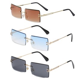 EUPSIIU 3 Pairs Rimless Rectangle Sunglassesfor Women Men, Fashion Square Rimless Sunglasses UV Protection Retro Frameless Funky Eyewear Gradient Vintage Glasses for Beach Travel Party (3 Colors)