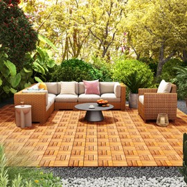 Goplus 27 PCS Interlocking Patio Deck Tile, 12” x 12” Acacia Wood Patio Tiles, Tool-Free Installation, 27 sq. Ft Flooring Tiles for Outdoor & Indoor, Patio, Garden, Balcony, Poolside