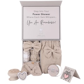 Happy Lolli Power Shower Set: Luxury Bath Accessories for Women & Girls - Includes Body & Hair Towel, Wrist Bands, Headband, Face Sponge, and More - Empower Your Routine (Fresh in Beige)