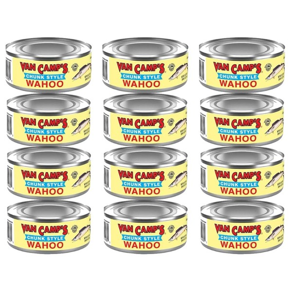 Van Camp's Wahoo, Wild Caught, Chuck Style, Canned Fish, 140 Calories, High Protein, Paleo, Keto Friendly, Hawaiian Style, Wahoo Tuna in Soybean Oil (5oz per can- Pack of 12 cans)