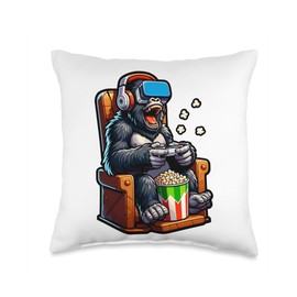 Gamer Gorilla Popcorn Gaming Chair Headphones Games Player Throw Pillow