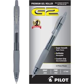 Pilot, G2 Premium Gel Roller Pens, Fine Point 0.7 mm, Gray, Pack of 12