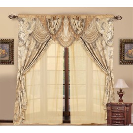 GLORY RUGS Jacquard Luxury Window 2 Panel Set Taupe Curtain with Attached Valance and Backing Bedroom Living Room Dining 2 Curtains 55x84 inches Each Jana