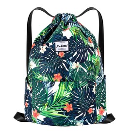 XEYOU Drawstring Sports Backpack Lightweight Gym Yoga Sackpack Shoulder Rucksack Casual Outdoor Daypack for Women and Men, Green Leaves and Red Flower, Large, Cycling