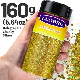 LEOBRO Gold Glitter, Holographic Chunky Glitter, 160G/5.64OZ Craft Glitter for Resin, Metallic Iridescent Chunky Fine Glitter Sequin Flake Bulk, Nail Glitter for Makeup Body Face Eye, Epoxy Tumblers