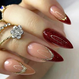 24 Pcs Glitter Almond Shaped Fake Nails - French Tip Cute Press on Nails Medium, Bling Stick on Acrylic Nails Glossy Full Cover False Nails for Women Girls (Red & Pink)