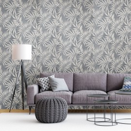 WM Gray beige distressed faux fabric Tropical palm leaves Wallpaper - sample 8.5 inches x 11 inches