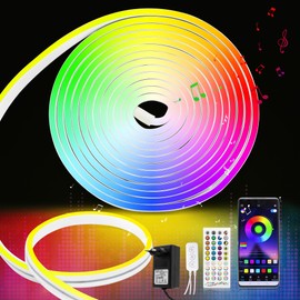 RGB LED Strip 5M, Neon LED Streifen Farbwechsel, Musik-Sync, Wasserdichte, Silikon DIY Flexibler Lichtstreifen mit Fernbedienung, APP Steuerung für Innen und Außendekoration(Inklusive Adapter)