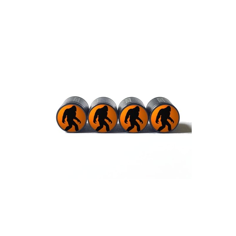 Bigfoot Sasquatch Walking (Orange and Black) Tire Valve Stem Caps