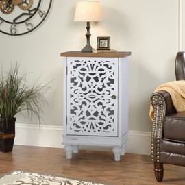 Sophia & William Accent Cabinet Small with Single Door, 31.5" Tall Side End Table, Distressed Nightstand with Wooden Frame and Hollow Carved Door, White, 1-Door