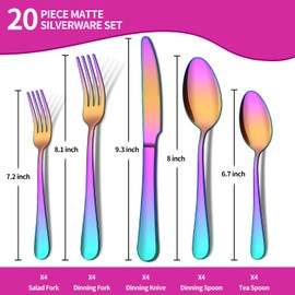 20 Piece Rainbow Silverware Set, ENLOY Colorful Stainless Steel Flatware Cutlery Set, Kitchen Utensil Set Service for 4, Include Forks Spoons Knives, Reusable, Mirror Polished, Dishwasher Safe