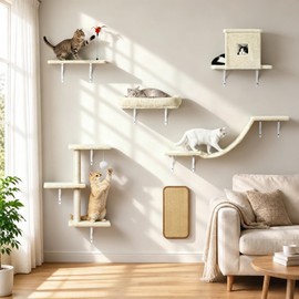 Coolsheepsia Cat Wall Shelves, 6 in 1 Cat Wall Furniture Set with Condos House, Bed, Bridge, Tree, Steps, Scratching Board, DIY Walls Playground for Indoor (Beige)