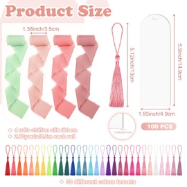 100 Pieces Acrylic Bookmark Blanks, Clear Acrylic Bookmarks with 30 Pieces Tassels and 4 Rolls Chiffon Silk Ribbon, Transparent DIY Bookmarks for Book Lover Crafts Present Tag Reading Accessories