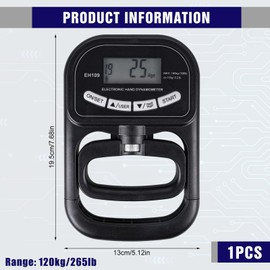 265 Lbs/120Kgs Digitaler Handkraftmessgerät, Hand Dynamometer mit LCD-Display, Elektronischer Griffkraftmessgerät, Digitaler Griffkraft-Tester, Grip Strength Trainer mit USB-Ladekabel(Schwarz)
