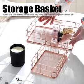 Cyrank Pack of 2 Wire Basket, Metal Basket, Storage Basket, Rose Gold, Metal Storage Basket, Grid Wire Basket, Desk Organiser, Make Up Metal Organiser Basket for Office, Desktop, Home (S)