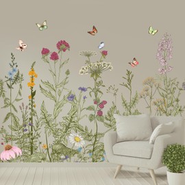 Removable Peel and Sticks, Poppy Plants, Flower and Butterfly, Green Flower Wall Sticker, Wall Sticker, Flower Stickers for Home, Bedroom, Living Room, Sofa, Living Room, TV Decor