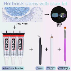 3000Pcs AB Flatback Rhinestones for Crafts with B7000 Adhesive Glue, 5mm Rhinestone Gems, Rhinestone Glue, Dotting Tools, Picker Pens & Tweezer for Crafts Clothes Shoes Nail Art(Light Blue AB)