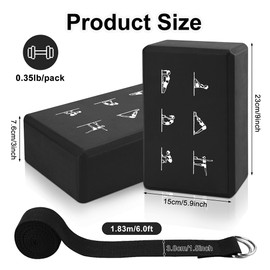 2 Yoga Block and Yoga Strap Set, High Density EVA Foam Blocks, Non-slip Yogas Bricks with 6ft Strap, Supportive Latex-Free Yogas Blocks Kit to Improve Balance(9×6×3") (Black)