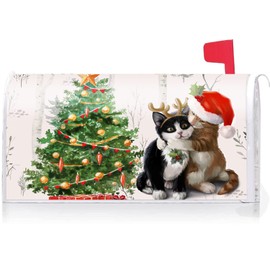Texupday Merry Christmas Cute Cat Kitten Decoration Mailbox Cover with Magnetic Strip Winter Mailbox Wraps Post Letter Box Cover Standard Size 21" X 18" Garden Outdoor Yard Decor