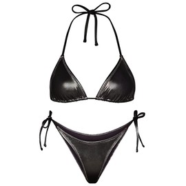 Metallic Bikini for Women - Retro Shiny Silver Gold Swimsuits Bathing Suit Triangle Tops Side Tie Thong Bottom Set, Black, L