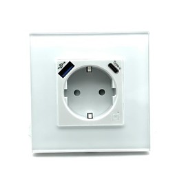 Modernes Touch-Wandschalter-Panel mit Stecker und USB-Port und USB-C-WiFi, Weiß