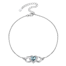 Silvora Infinity Heart Charm Ankle Bracelets for Ladies Sterling Silver Foot Chain with March Stone Beach Jewelry for Mom Wife