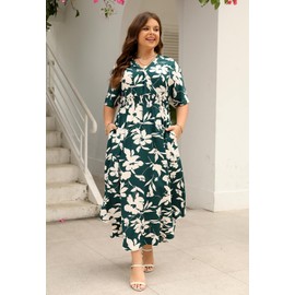 Nemidor Womens Casual Plus Size Boho Print V Neck Flared Maxi Dress with Pocket NEM403(22,Green Apricot)