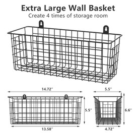 MaraFansie Extra Large Hanging Wall Basket 4-Pack Wall Mounted Wire Basket Cabinet Storage Bin Organizer Wall Shelves Farmhouse Decor for Home Kitchen Bathroom, Black