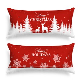Lanpn Christmas Lumbar Pillowcase 14x36 Set of 2, Red Christmas Tree Snowflake Pillow Cases 14 x 36 Long Big Rectangle Lumbar Bed Pillow Covers Winter Holiday Xmas Throw Pillow Cushion Cover 2 Pack