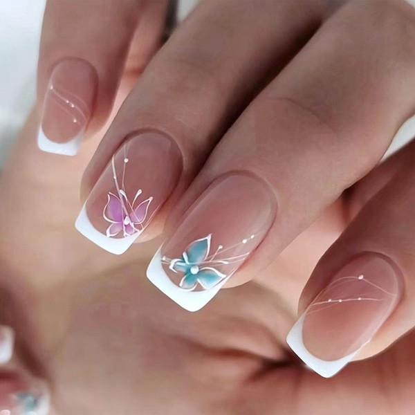 Press on Nails Medium Square Fake Nails with Butterfly Designs