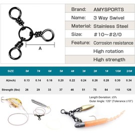 AMYSPORTS Fishing Connector Fish Swivels Tackle 3 Way Fishing Swivel Saltwater Freshwater Fishing Tackle Accessories Crossline Trolling Line Lure Connector 50 pcs 26lbs